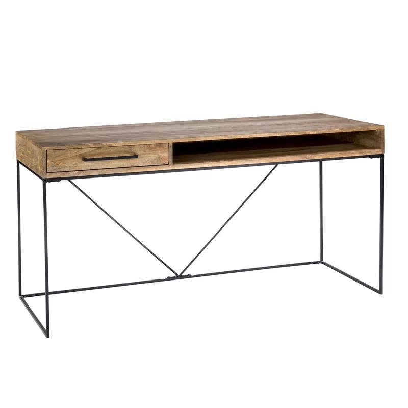 Industrial-Scandinavian Solid Mango Wood Home Office Desk with Iron Base