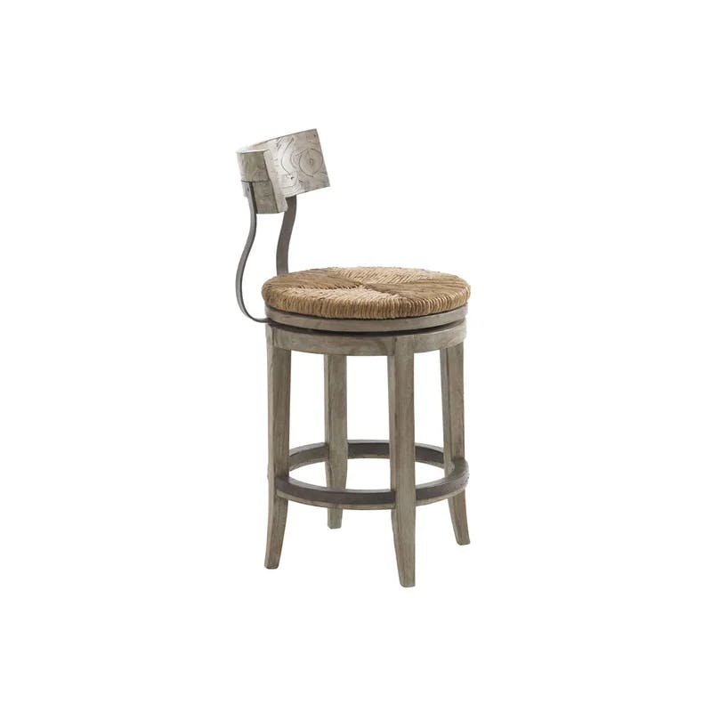 Rustic Industrial Swivel Counter Stool with Woven Rattan Seat, Brown