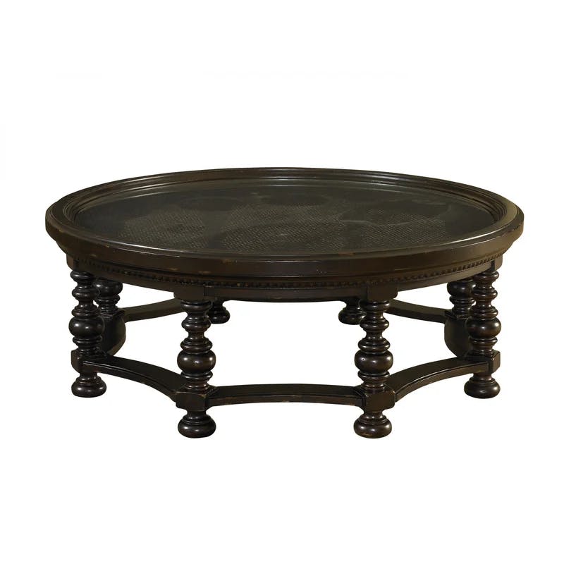 Traditional British Colonial 55" Round Wood & Glass Cocktail Table with Storage