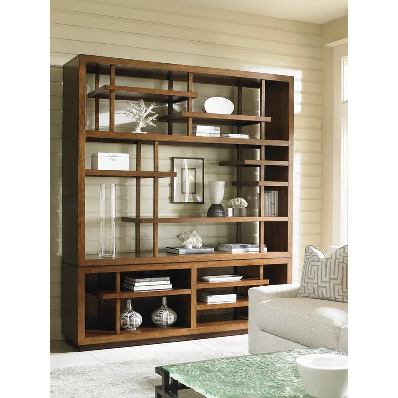 Transitional Brown Wood Media Bookcase with Asymmetrical Shelves