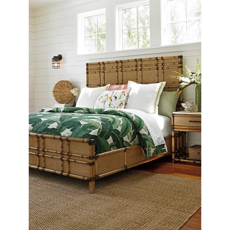 King-Sized Transitional Coco Bay Panel Bed with Leather-Wrapped Bamboo