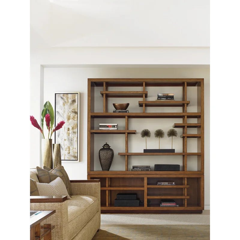 Transitional Brown Wood Media Bookcase with Asymmetrical Shelves