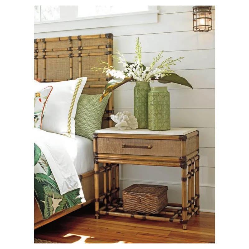 King-Sized Transitional Coco Bay Panel Bed with Leather-Wrapped Bamboo