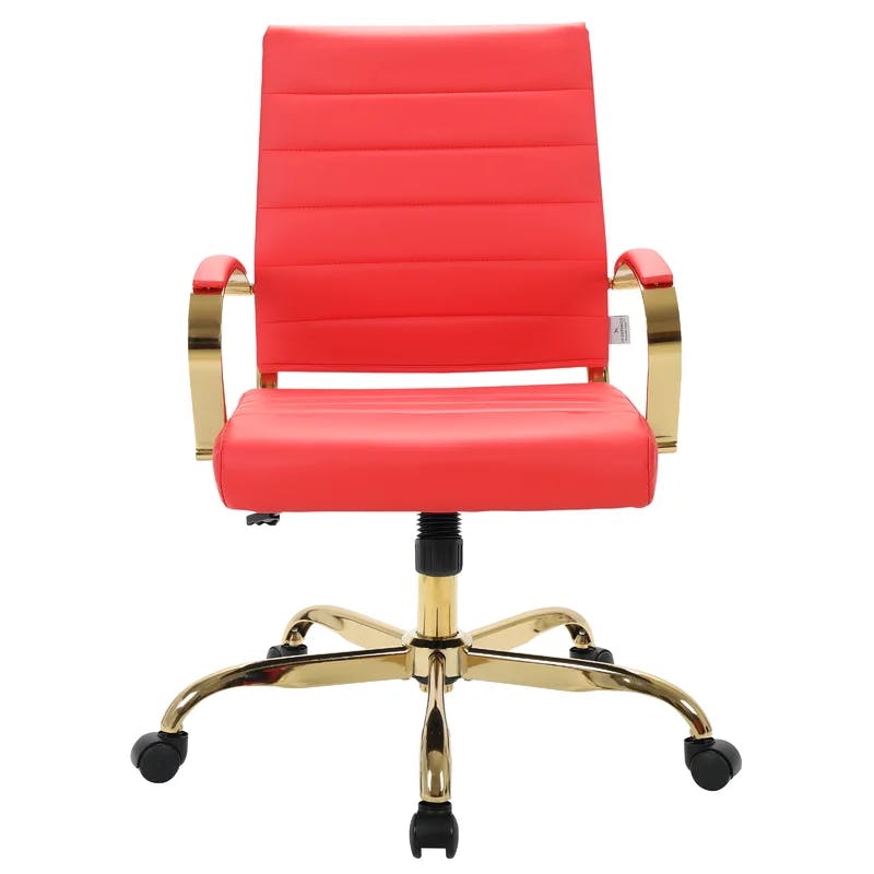 Mid-Century Red Leather Swivel Office Chair with Gold Metal Frame