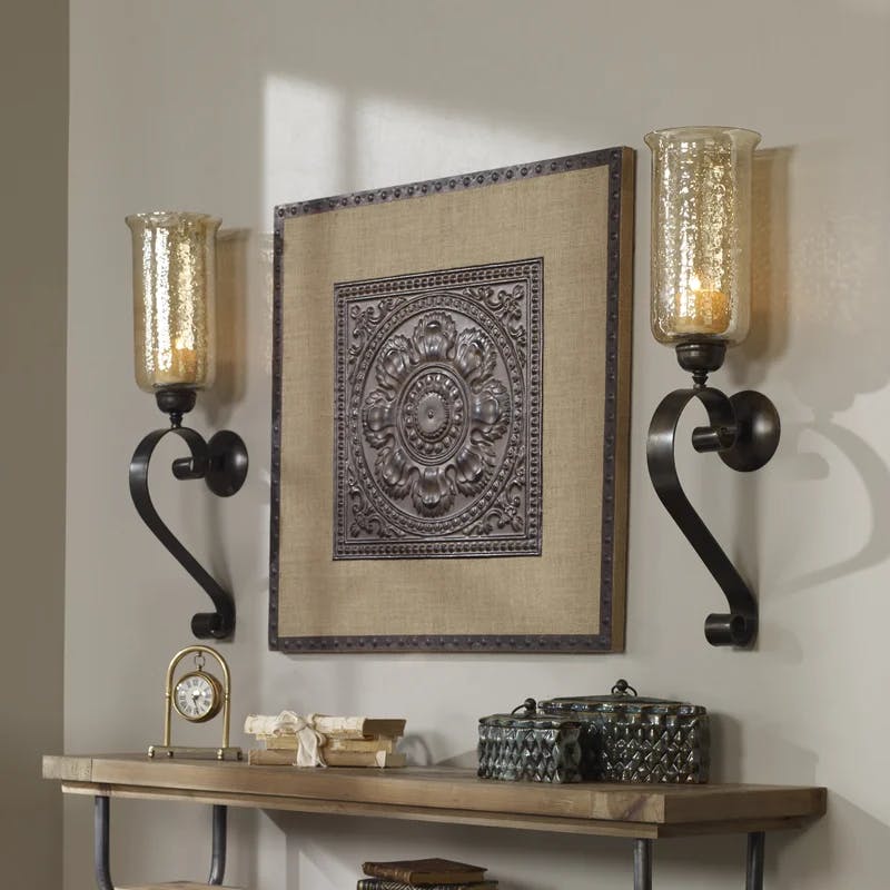 Antiqued Bronze Hand-Forged Iron and Amber Glass Candle Wall Sconce