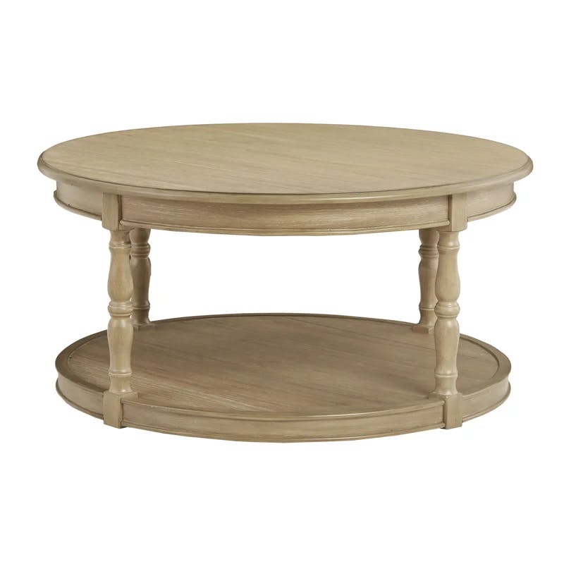 Elegant Farmhouse Round Wood Coffee Table with Casters and Shelf