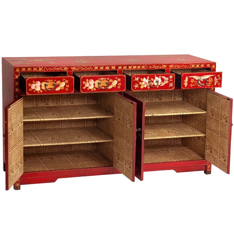 Traditional Red and Gold Elm Wood Buffet with Brass Accents