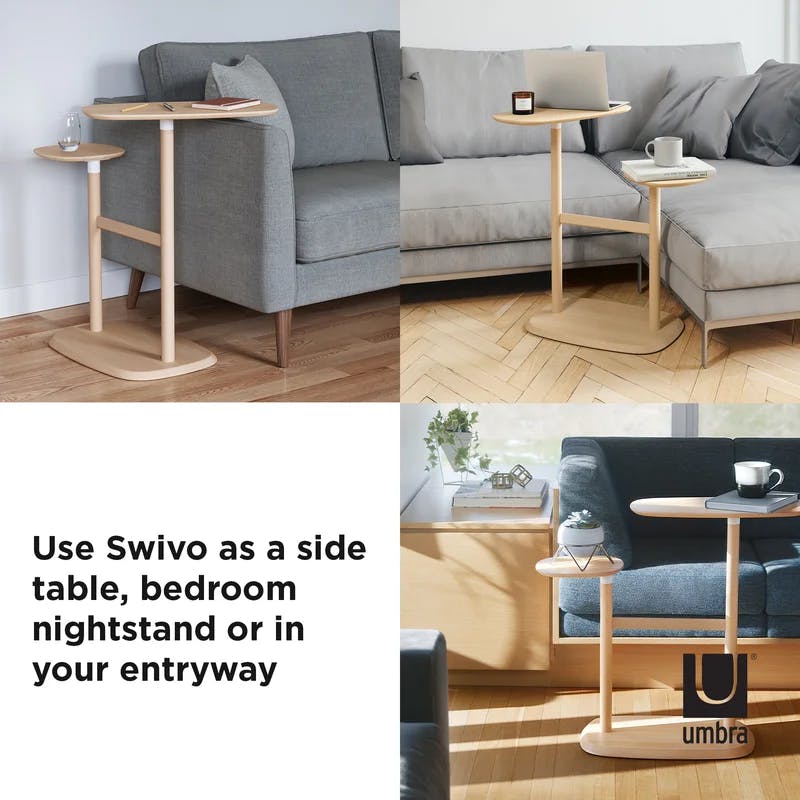 Swivo Natural Wood and White Metal Dual Swivel Side Table