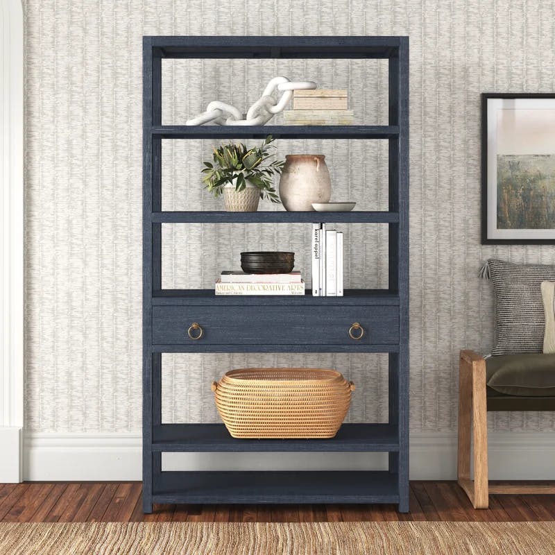 Elin Navy Blue and Gold Tall Modern Bookcase with Storage Drawer
