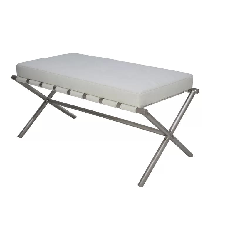 Elegant Auguste X-Frame Tufted Bench in White Naugahyde and Brushed Silver