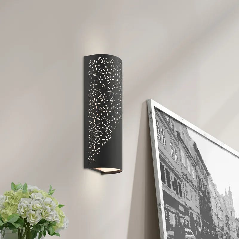Noria Organic Laser Cut Black Steel 2-Light Sconce with Off-White Linen Shade