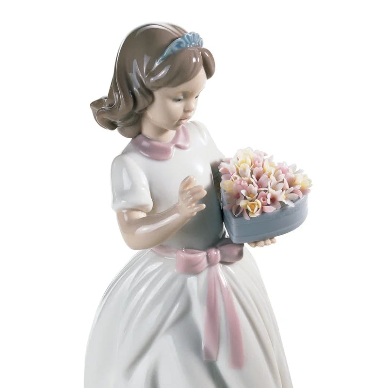 Elegant Porcelain Heart-Holding Girl Figurine in White and Pink