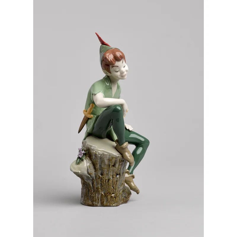 Enchanted Peter Pan Glazed Porcelain Sculpture, Handcrafted in Spain