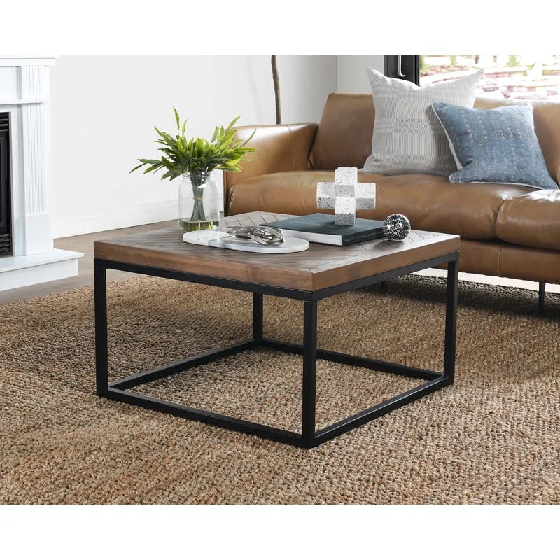 Chevron Reclaimed Wood 30" Square Coffee Table with Iron Base