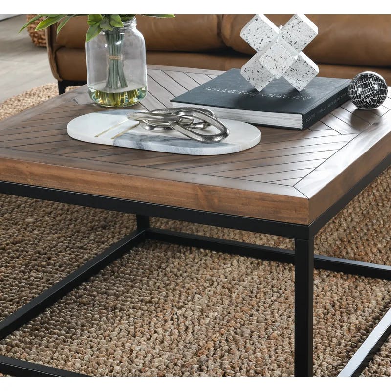 Chevron Reclaimed Wood 30" Square Coffee Table with Iron Base