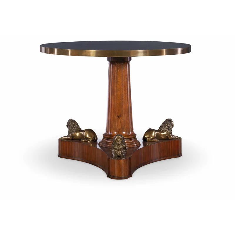 Elegant Round Lion Pedestal Dining Table with Black Wax Stone Top