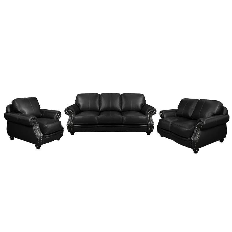 Charleston Traditional Top-Grain Leather 3-Piece Living Room Set in Black