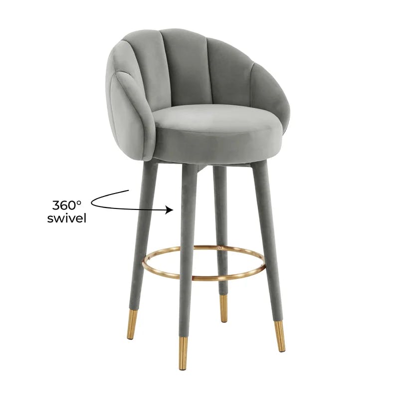 Contemporary Modern Light Grey Velvet Swivel Bar Stool with Wood Accents