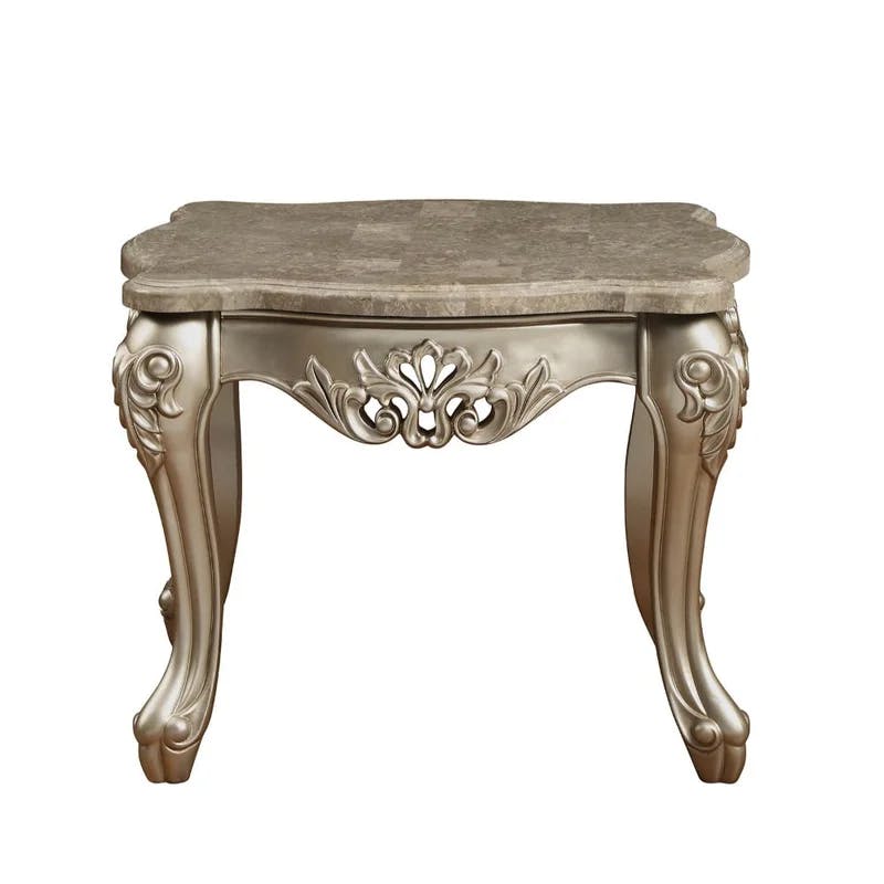 Champagne Gold Solid Wood End Table with Marble Top and Queen Anne Legs