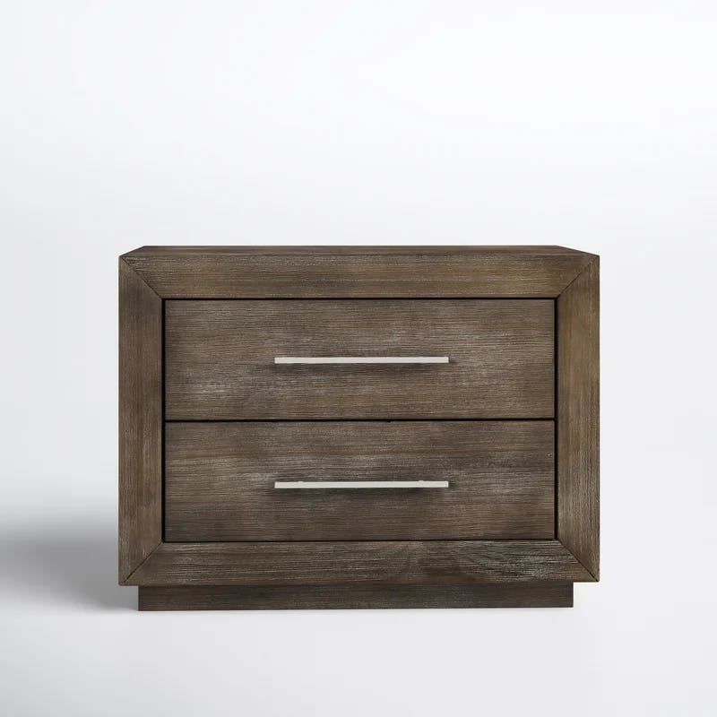 Dark Pine Solid Wood 2-Drawer Nightstand with Nickel Bar Handles