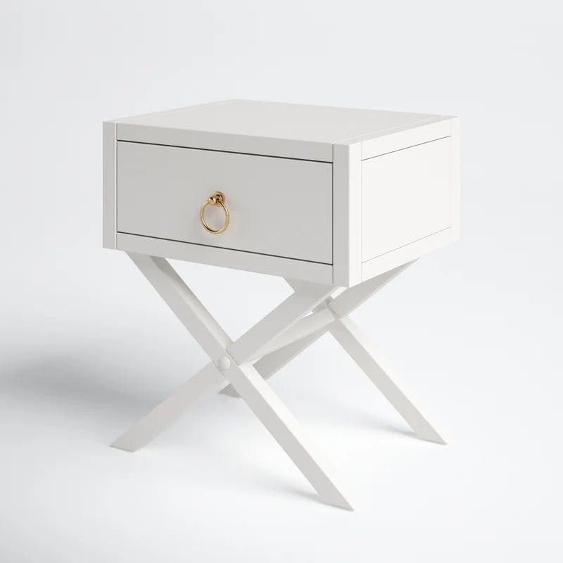 Elin Fresh White and Gold Metallic 1-Drawer Nightstand with X-Design Legs