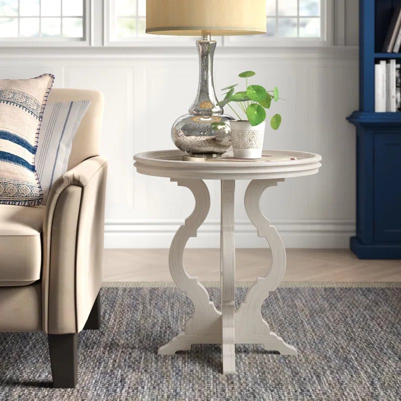 Traditional Round White Wood and Metal Side Table with Storage
