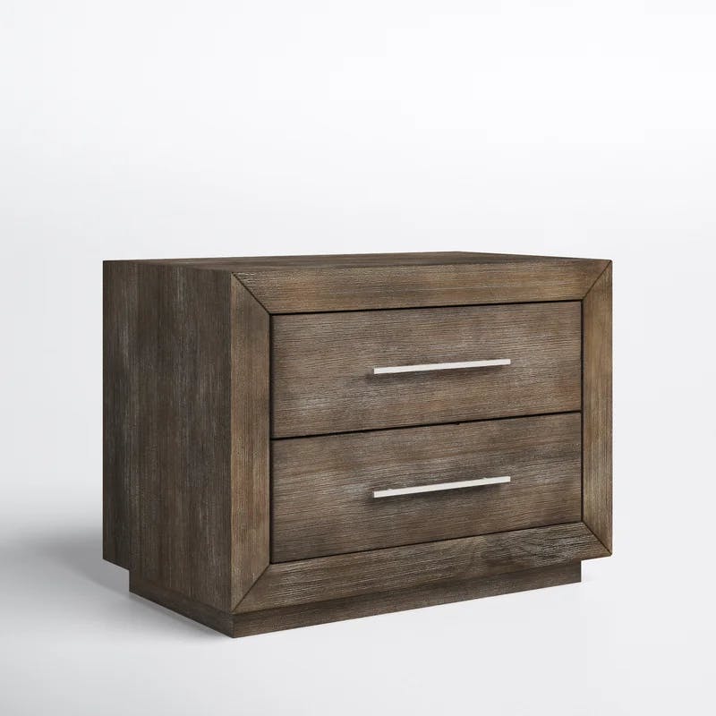 Dark Pine Solid Wood 2-Drawer Nightstand with Nickel Bar Handles
