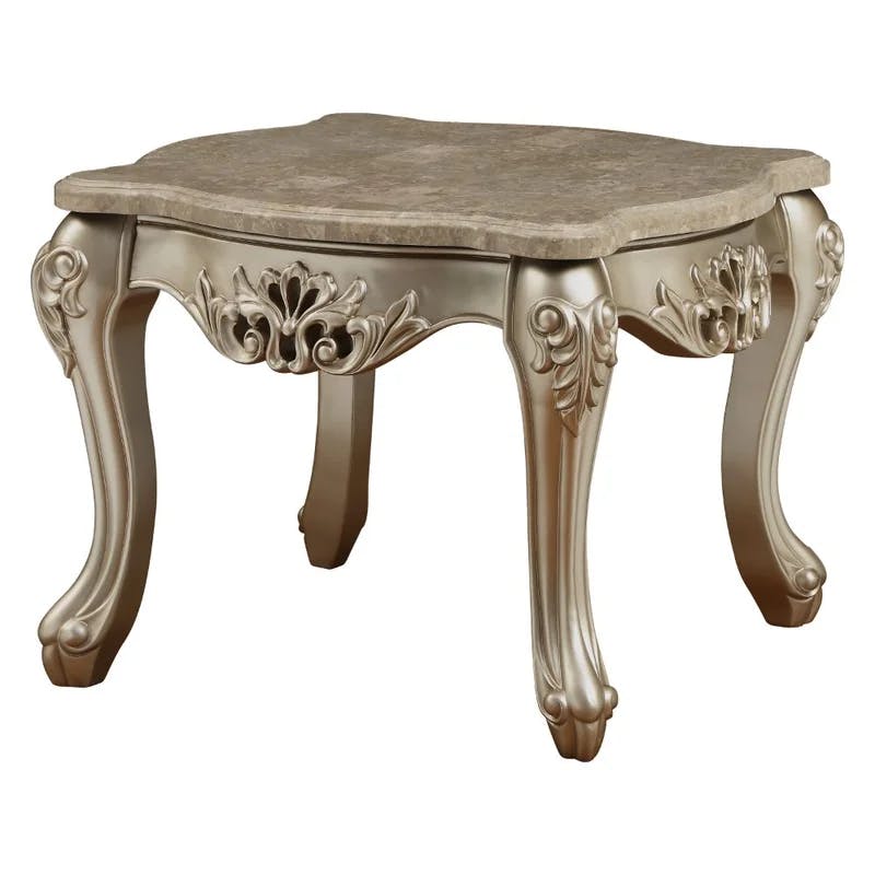 Champagne Gold Solid Wood End Table with Marble Top and Queen Anne Legs