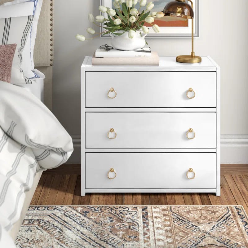 Elin Glam White 3-Drawer Dresser with Gold Metallic Hardware