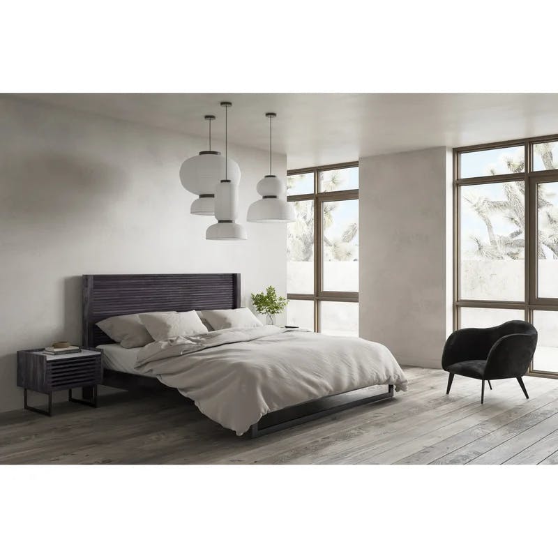Contemporary Gray Pine King Platform Bed with Upholstered Headboard