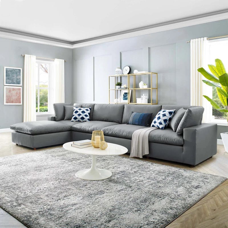 Luxurious Gray Faux Leather 5-Piece Sectional with Ottoman