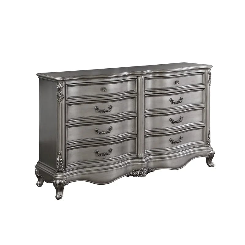 Elegant Antique Silver 68'' Solid Wood Carved 8-Drawer Dresser
