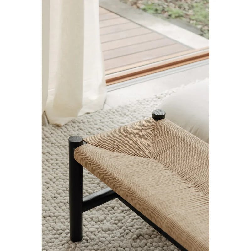 Elmwood Black 60" Artisanal Woven Bench with Natural Fiber Seat