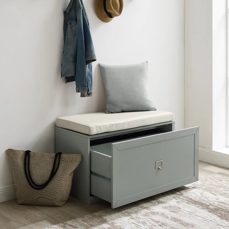 Harper Modern Gray Linen Blend Storage Bench with Cushion