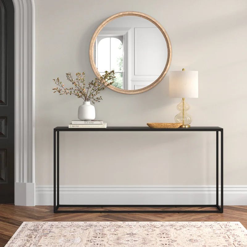 Coreene 64'' Industrial Black Metal Console Table with Antique Bronze Top
