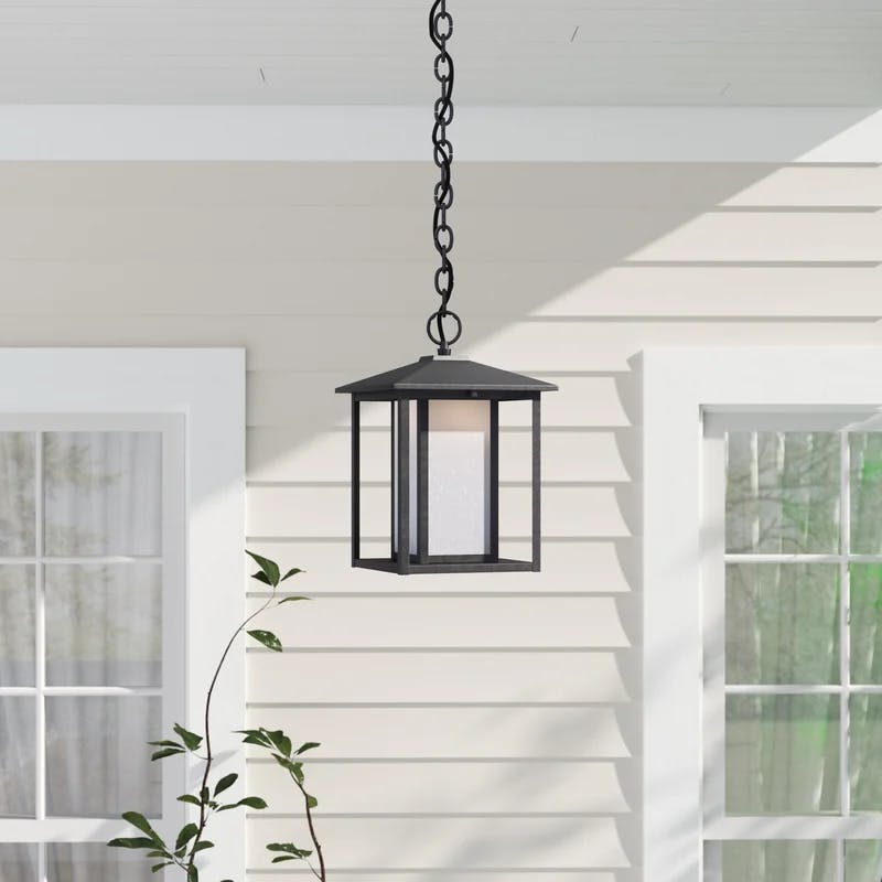 Hunnington Transitional Black Outdoor Pendant with Etched Seeded Glass