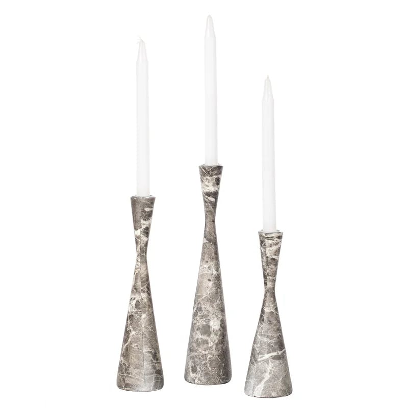 Elegant Gray Marble Resin Taper Candlestick Trio for Tabletop Decor