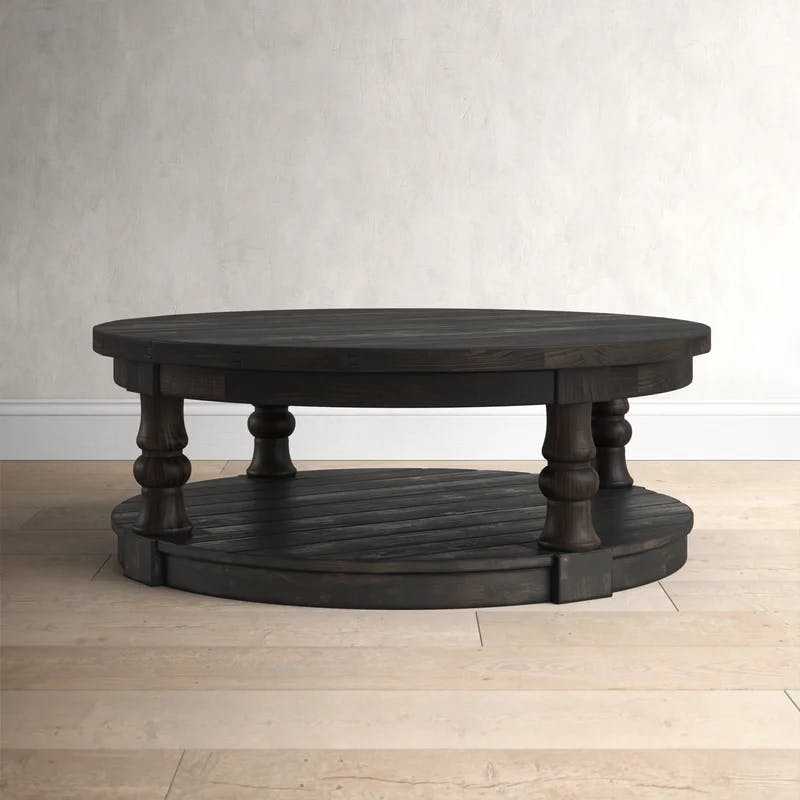 Antique Gray Rustic Round Wood and Fabric Coffee Table