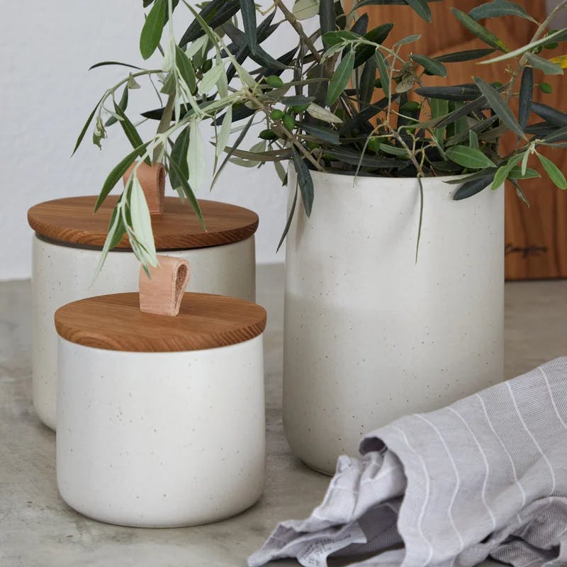 Pacifica Vanilla Matte Ceramic Canister with Oak Wood Top