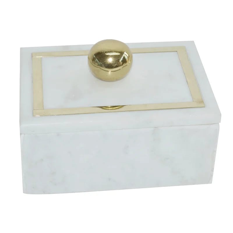 Elegant White Marble 7" x 5" Decorative Storage Box with Gold Knob