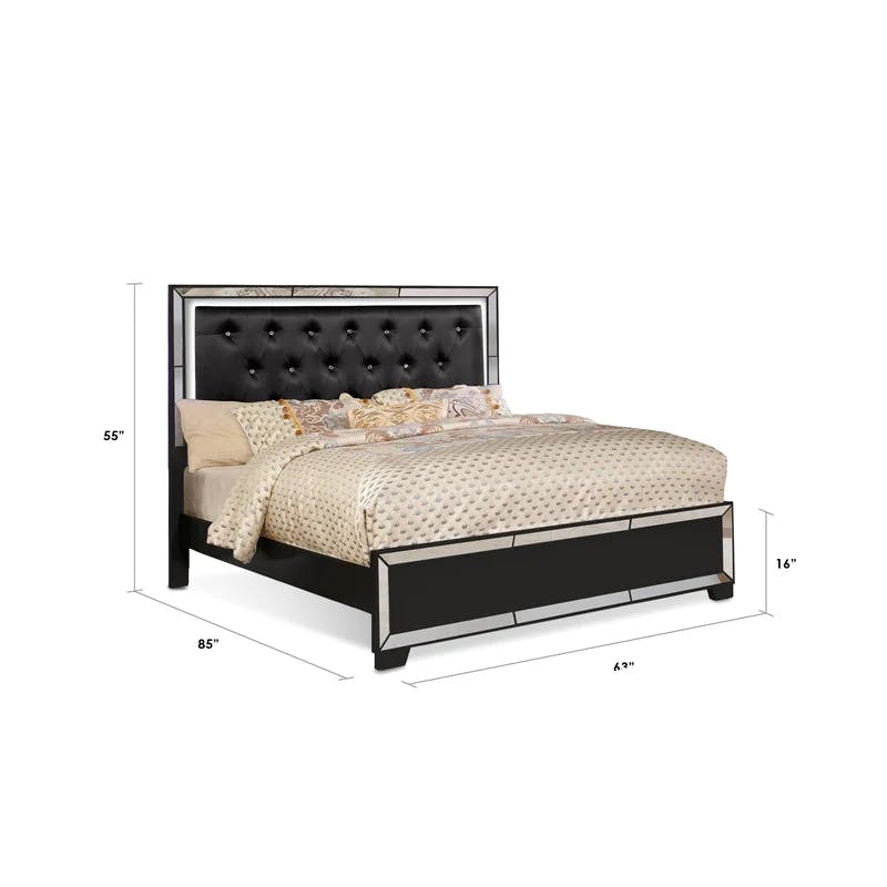 Elegance Velvet Queen Bed with LED Crystal Tufted Headboard in Black