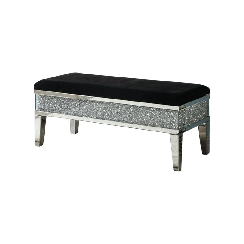 Elegant Silver Mirrored Storage Bench with Faux Diamonds and Fabric Seat