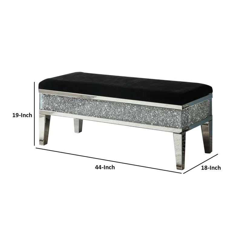 Elegant Silver Mirrored Storage Bench with Faux Diamonds and Fabric Seat
