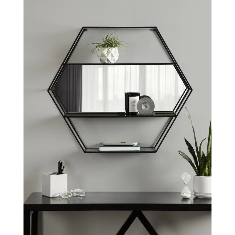 Lintz Hexagon Black Metal Floating Wall Mirror with Shelves