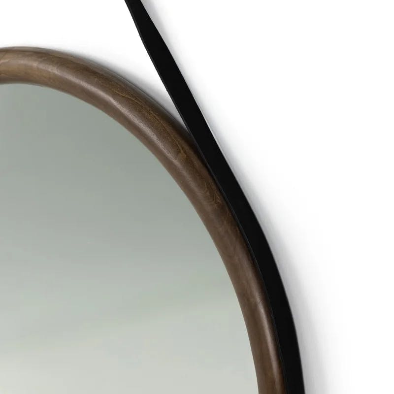 Auburn Poplar and Black Leather Round Wall Mirror with Iron Hardware