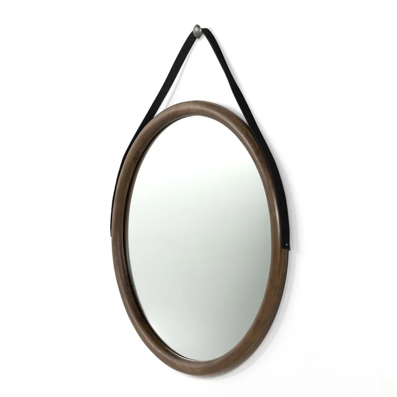 Auburn Poplar and Black Leather Round Wall Mirror with Iron Hardware