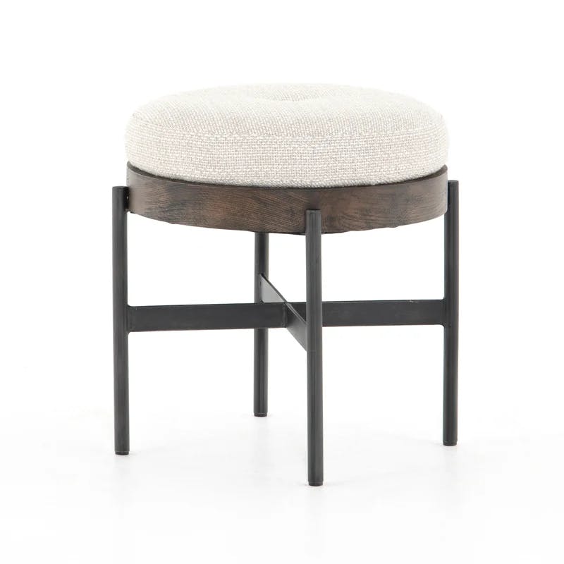 Contemporary Cream Tufted Round Ottoman with Beech Wood Top