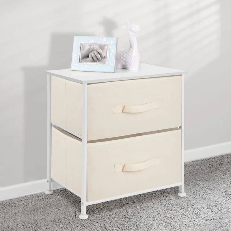 Cream/White 2-Drawer Compact Nightstand with Wood Top