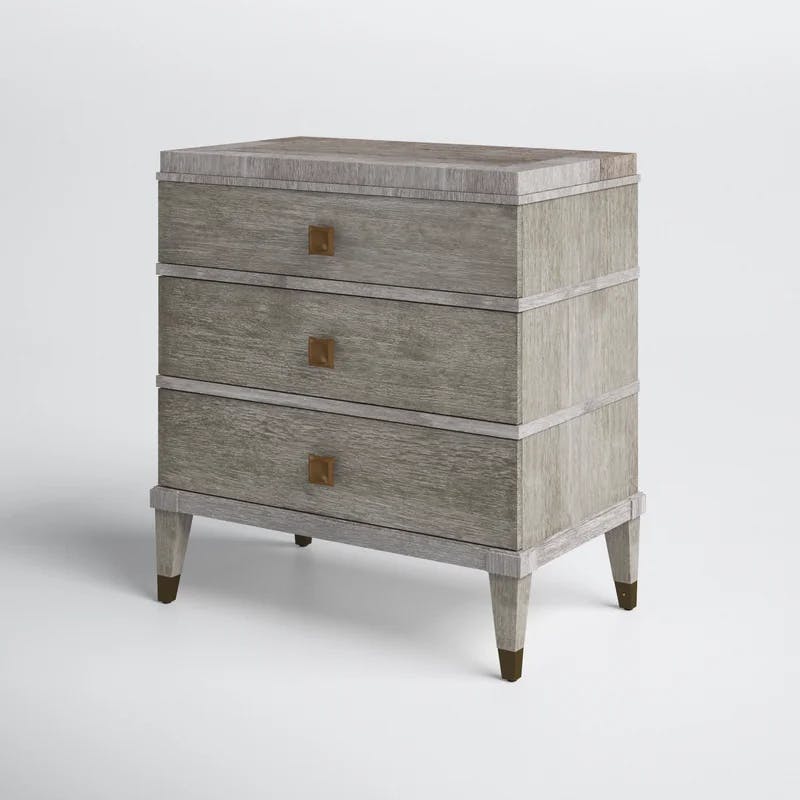 Transitional Brown Oak 3-Drawer Nightstand with Brass Accents