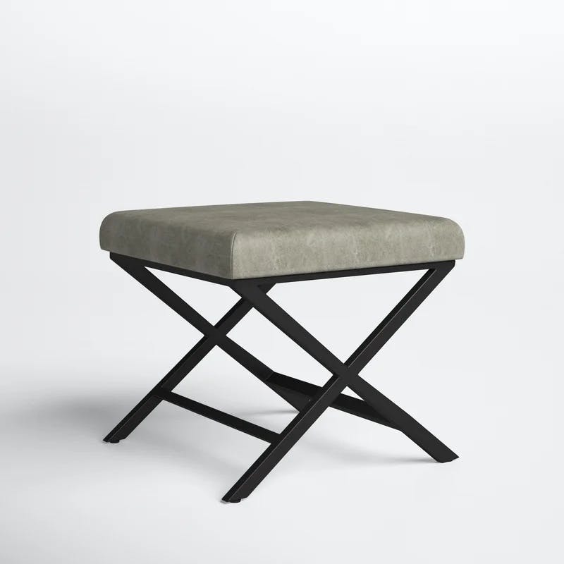 Modern Industrial Gray Faux Leather Ottoman with Sleek Metal Base